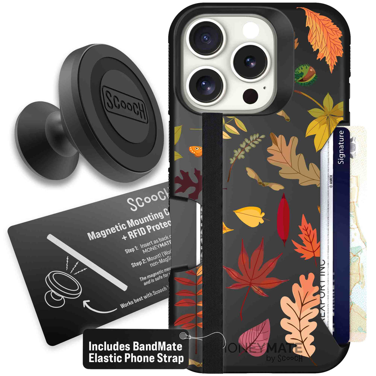 Autumn Leaves multicolored fall foliage pattern on a charcoal scoochzza Moneymate case for iPhone 16 Pro - Starter Bundle