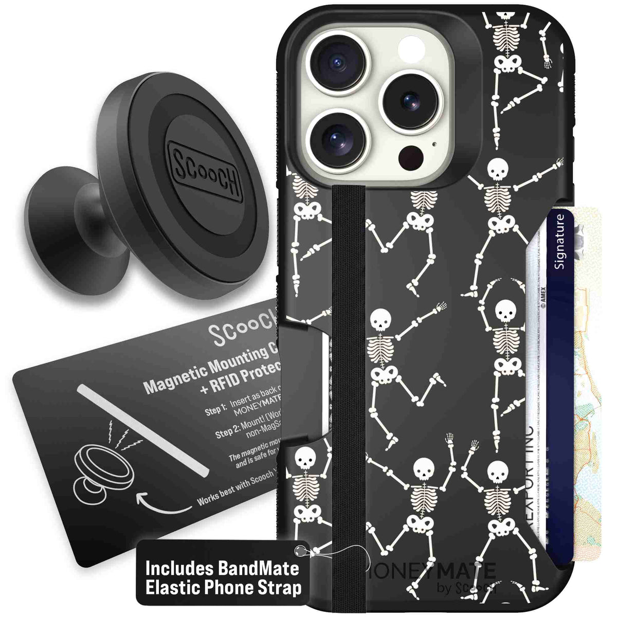 Swinging Skeletons white dancing skeleton pattern on a black scoochzza Moneymate case for iPhone 16 Pro - Starter Bundle