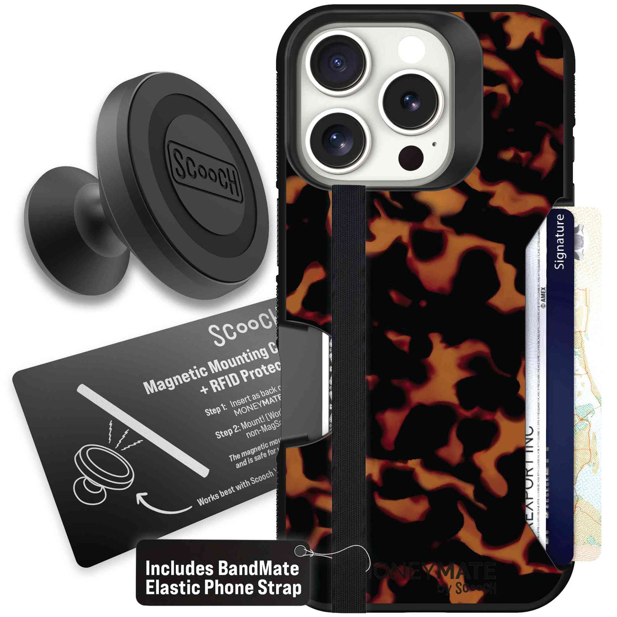 Tortoise Shell amber brown and black mottled pattern on a scoochzza Moneymate case for iPhone 16 Pro - Starter Bundle