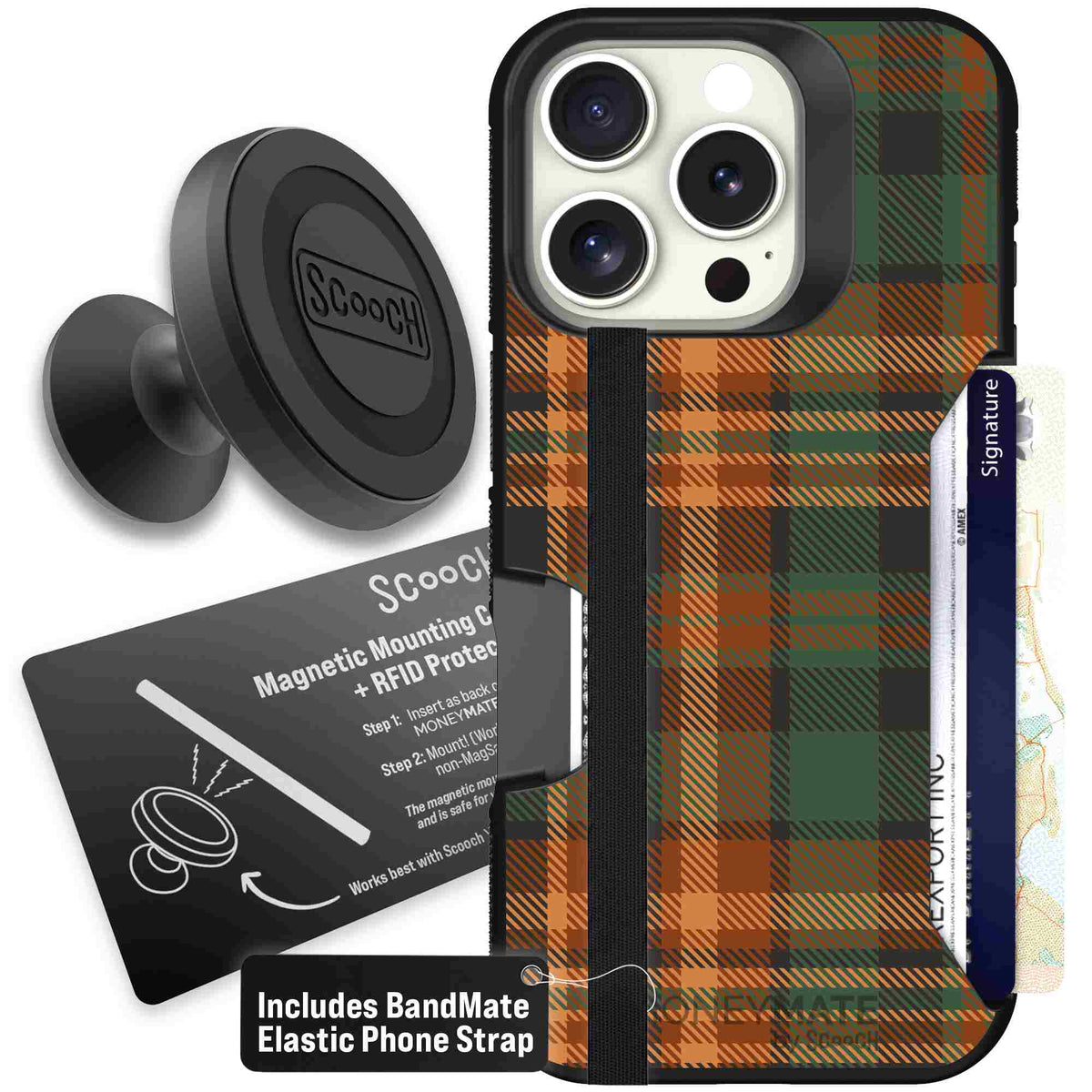 Fall Flannel orange and brown plaid pattern on a scoochzza Moneymate case for iPhone 16 Pro - Starter Bundle