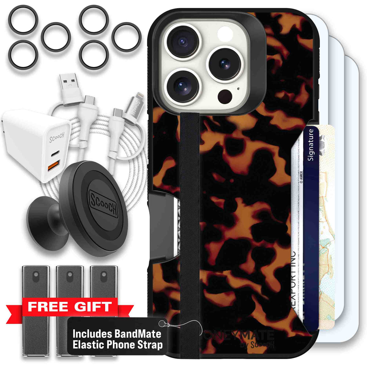 Tortoise Shell amber brown and black mottled pattern on a scoochzza Moneymate case for iPhone 16 Pro - Ultimate Bundle