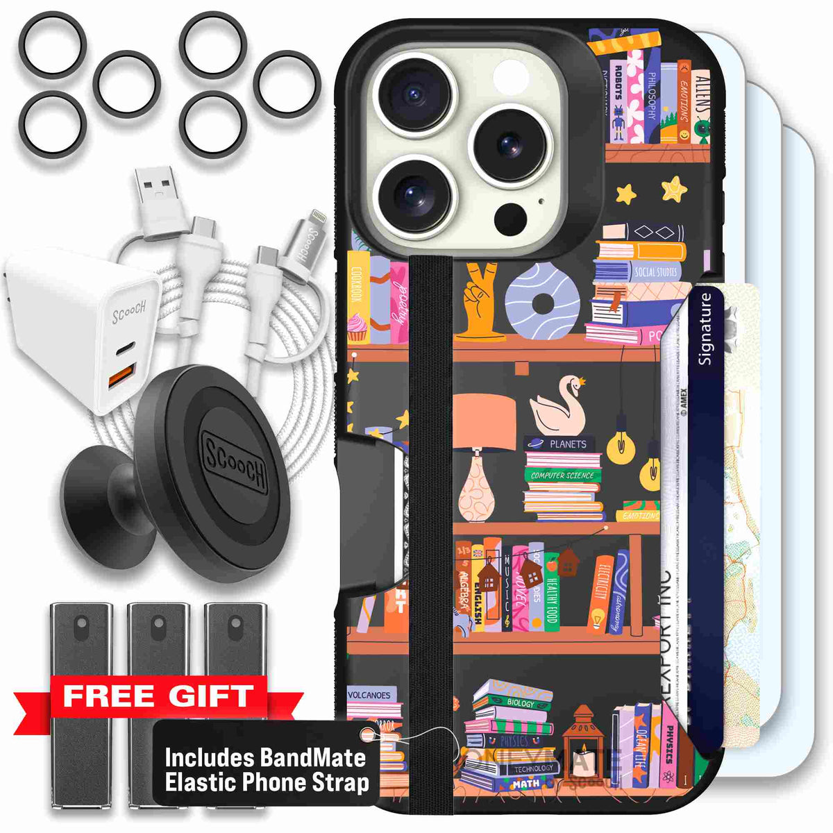 Little Library colorful book and bookshelf pattern on a scoochzza Moneymate case for iPhone 16 Pro - Ultimate Bundle