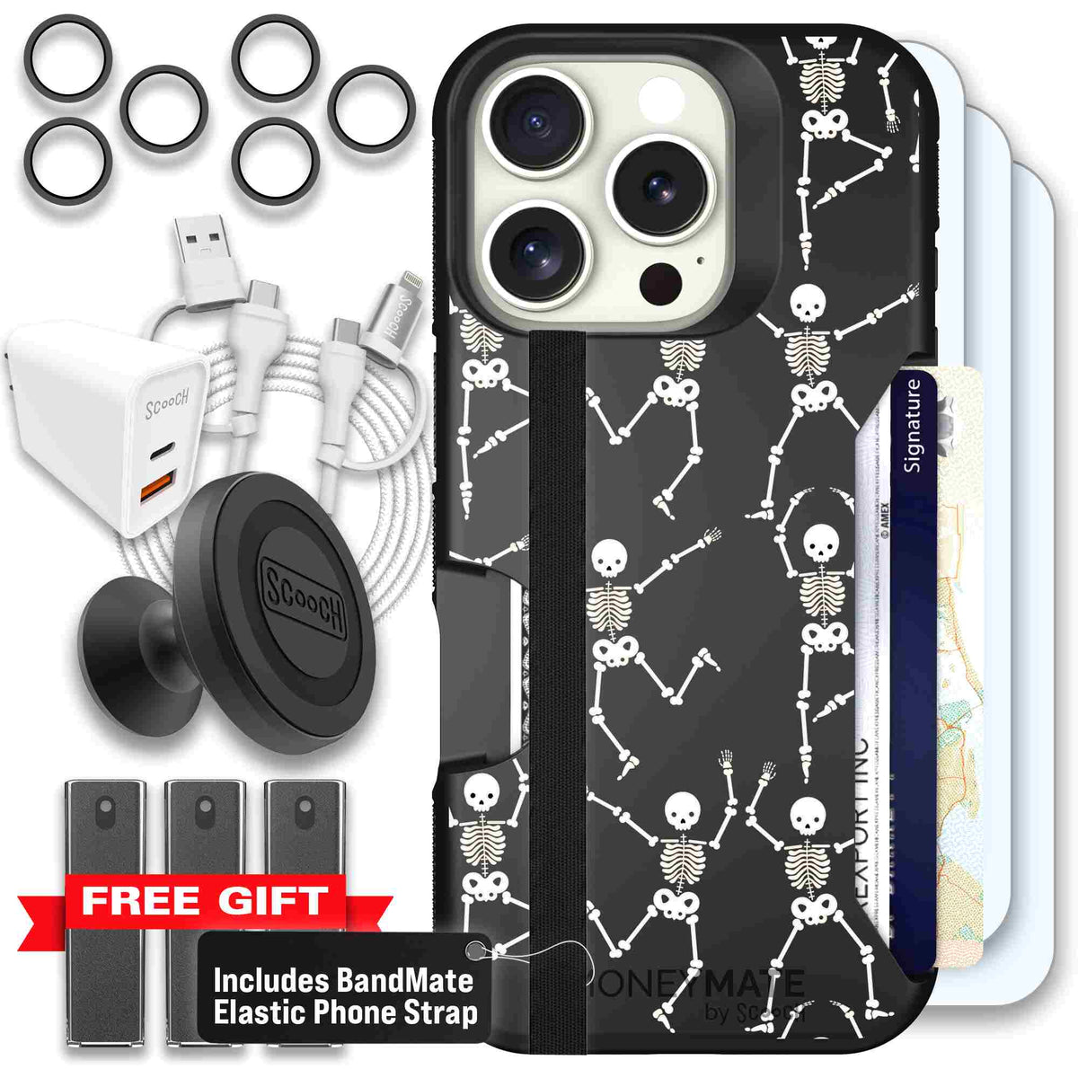 Swinging Skeletons white dancing skeleton pattern on a black scoochzza Moneymate case for iPhone 16 Pro - Ultimate Bundle