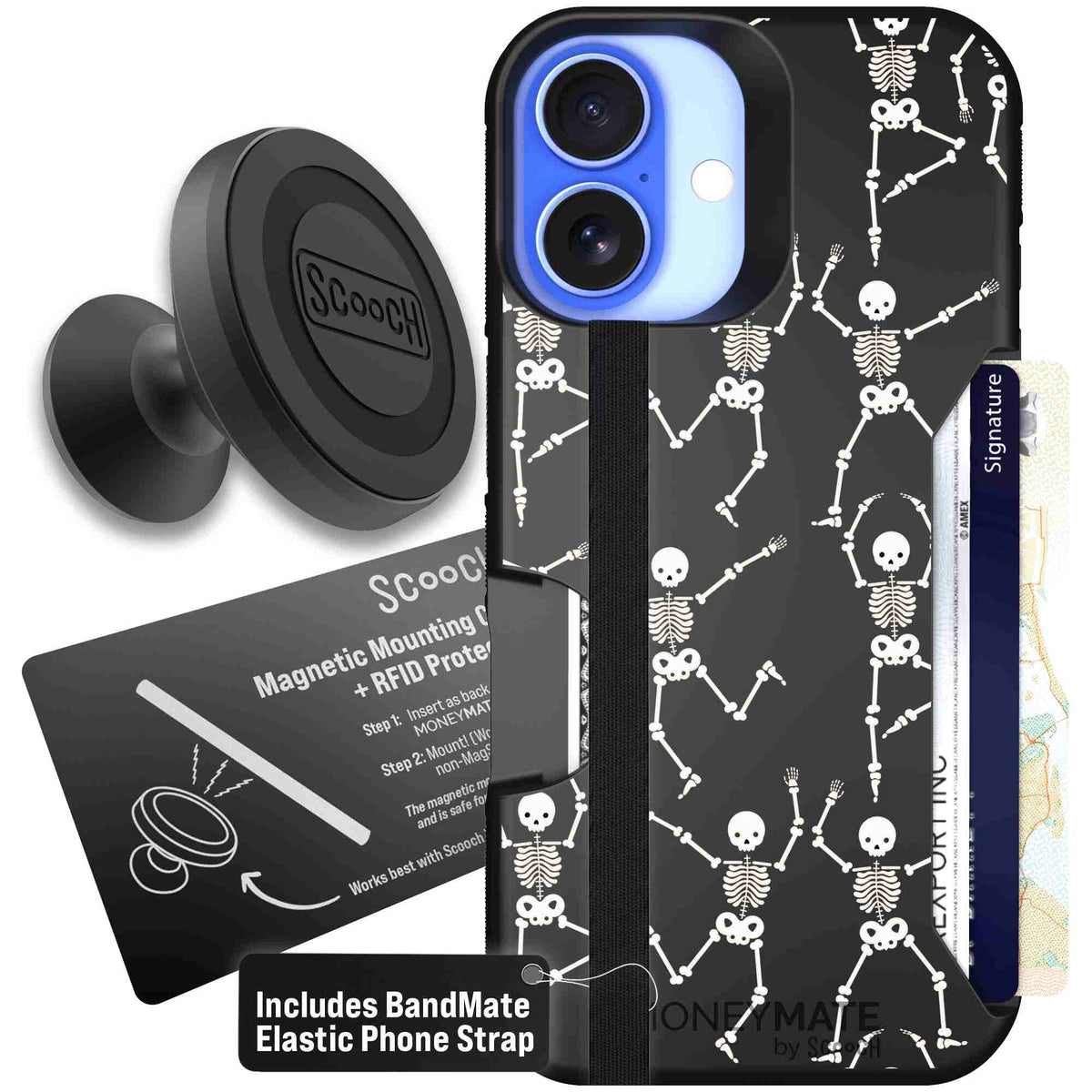 Swinging Skeletons white dancing skeleton pattern on a black scoochzza Moneymate case for iPhone 16 - Starter Bundle