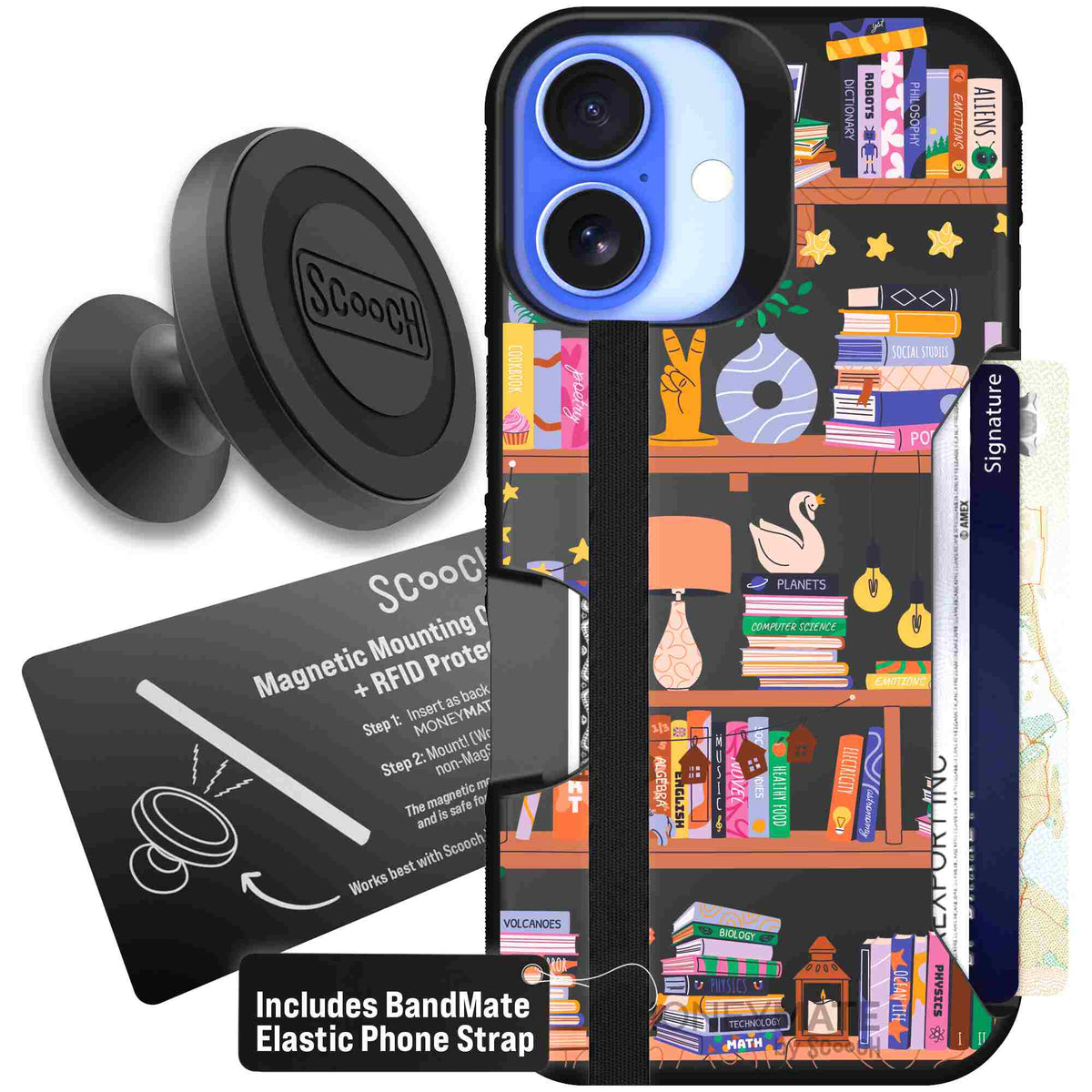 Little Library colorful book and bookshelf pattern on a scoochzza Moneymate case for iPhone 16 - Starter Bundle