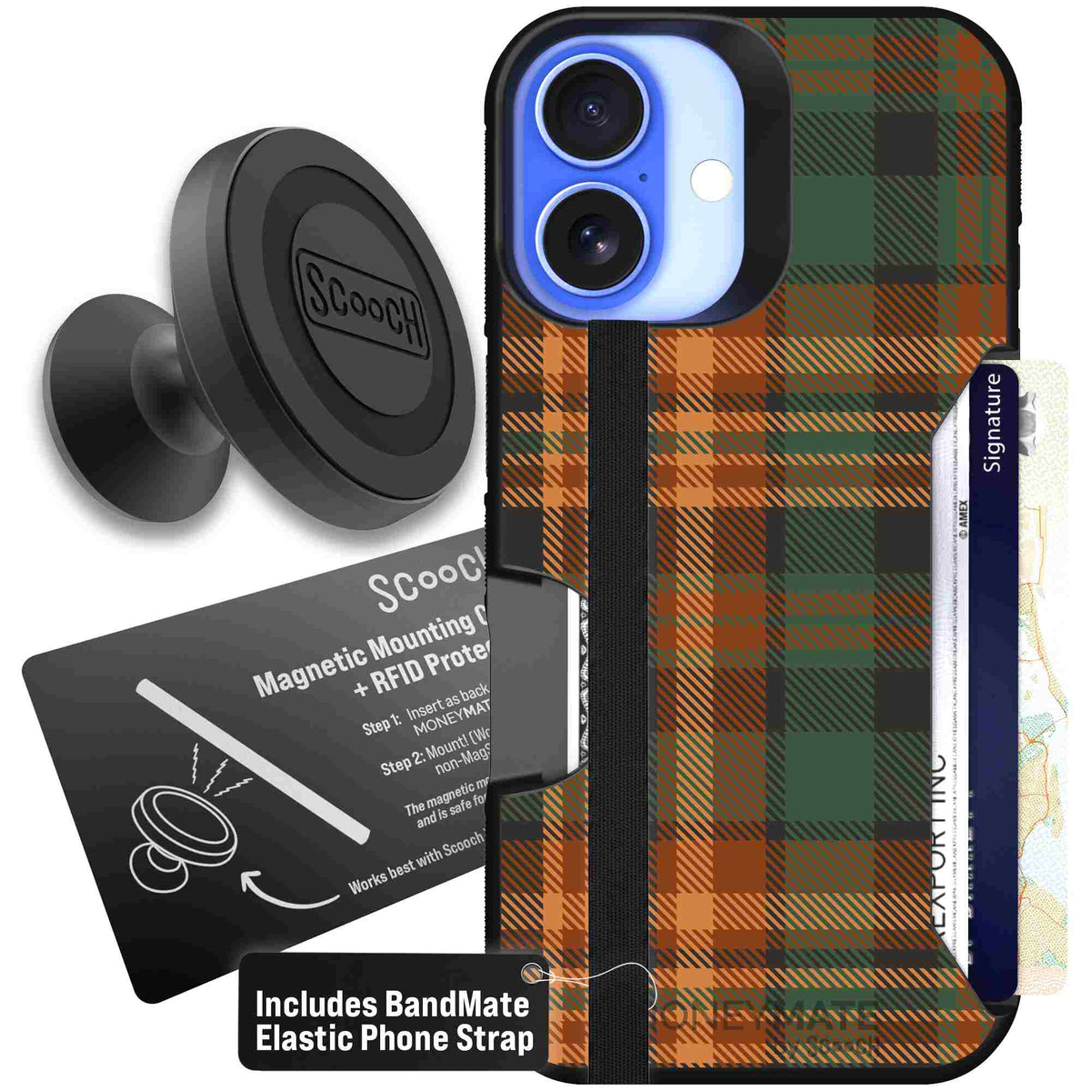 Fall Flannel orange and brown plaid pattern on a scoochzza Moneymate case for iPhone 16 - Starter Bundle