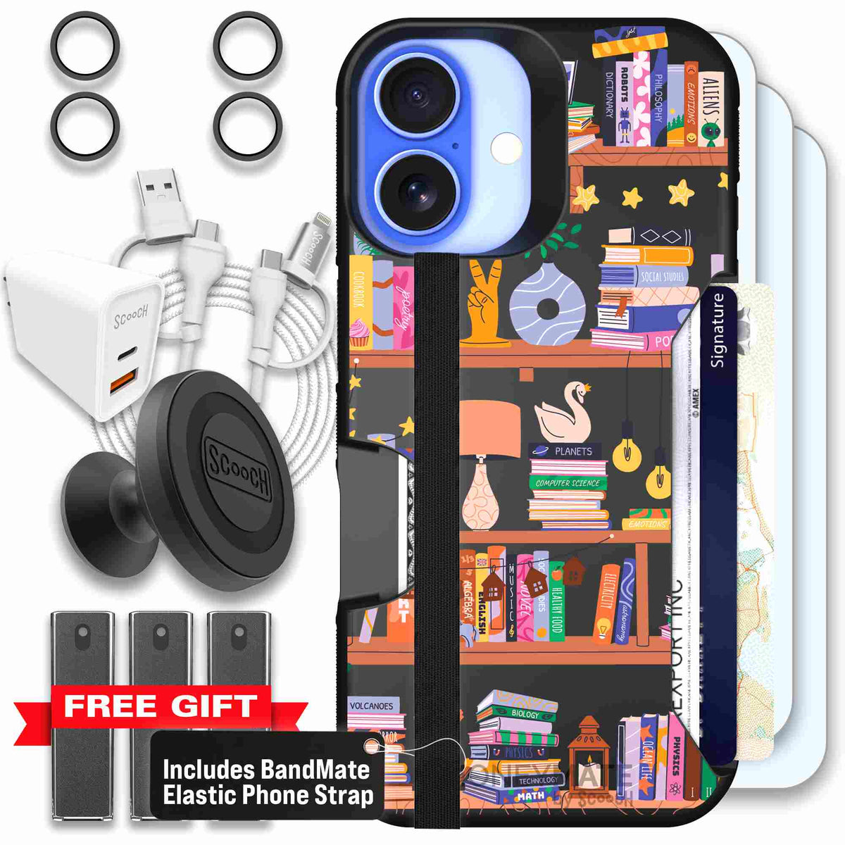 Little Library colorful book and bookshelf pattern on a scoochzza Moneymate case for iPhone 16 - Ultimate Bundle