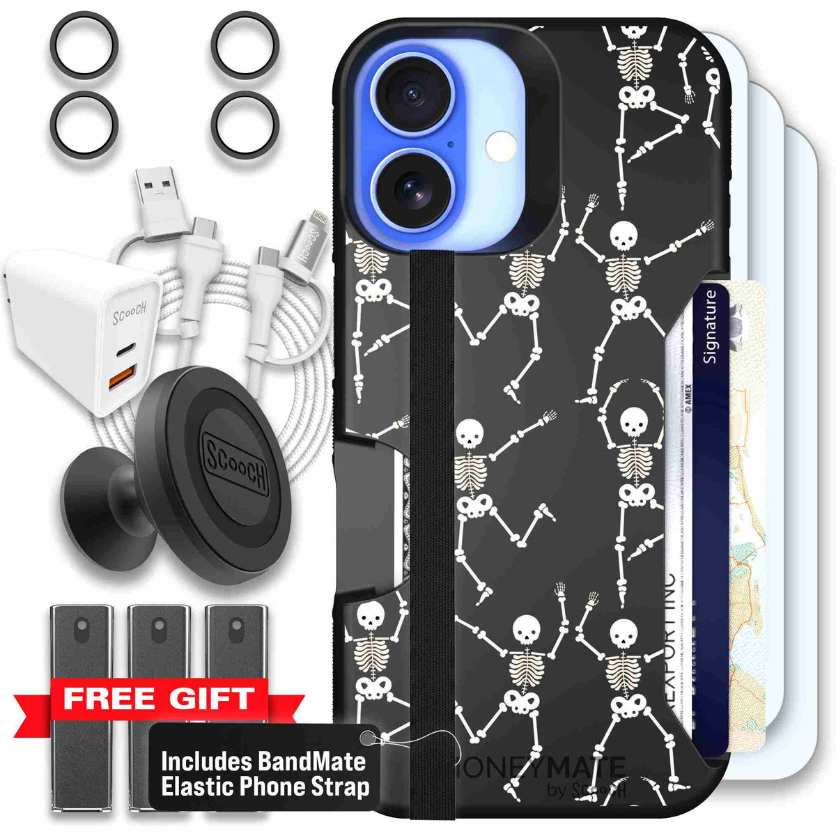 Swinging Skeletons white dancing skeleton pattern on a black scoochzza Moneymate case for iPhone 16 - Ultimate Bundle