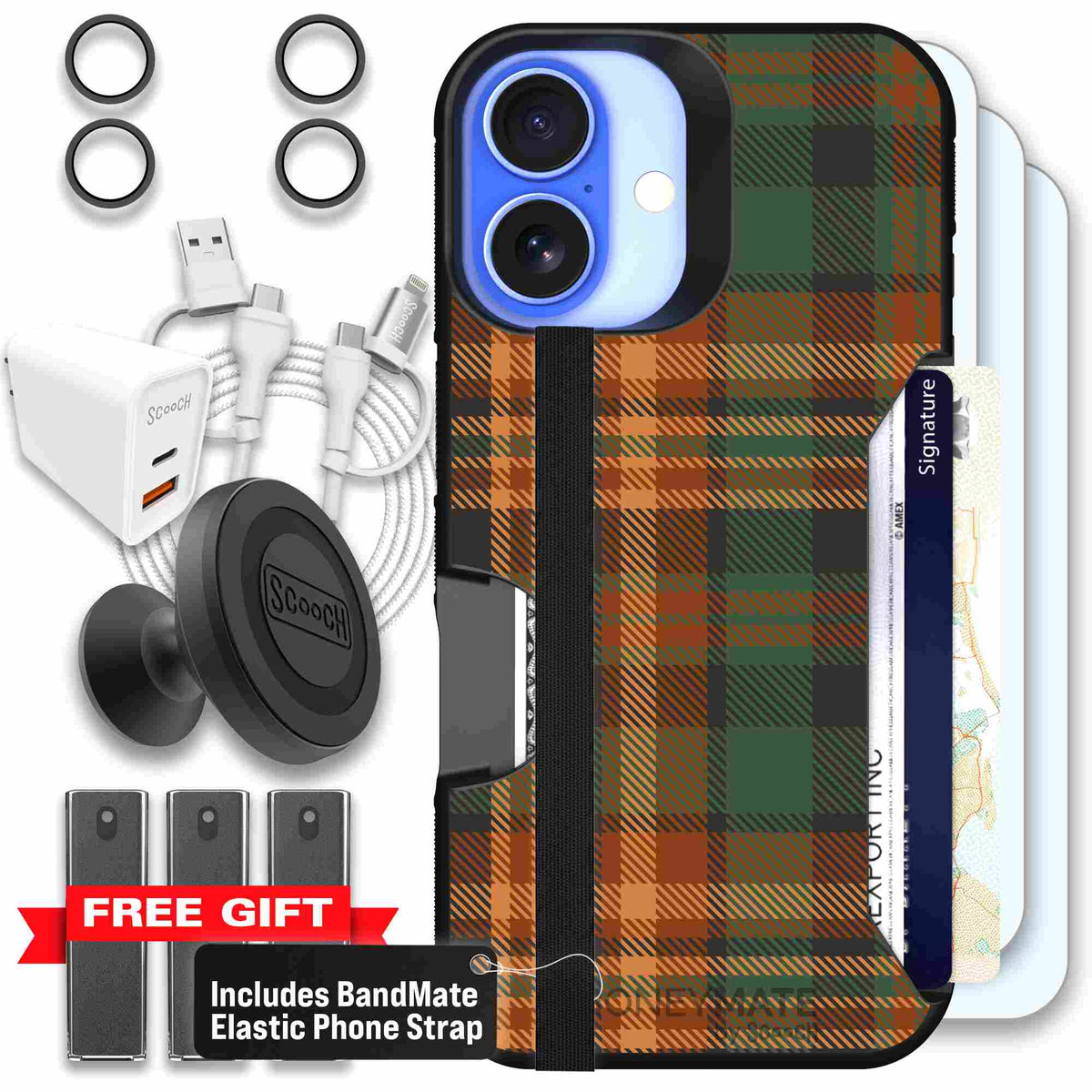 Fall Flannel orange and brown plaid pattern on a scoochzza Moneymate case for iPhone 16 - Ultimate Bundle