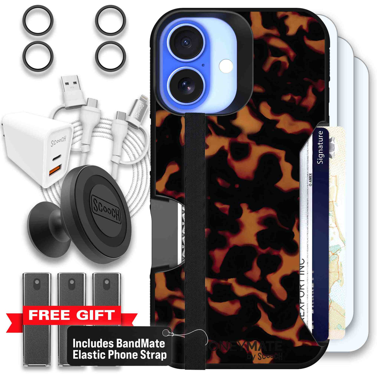 Tortoise Shell amber brown and black mottled pattern on a scoochzza Moneymate case for iPhone 16 - Ultimate Bundle