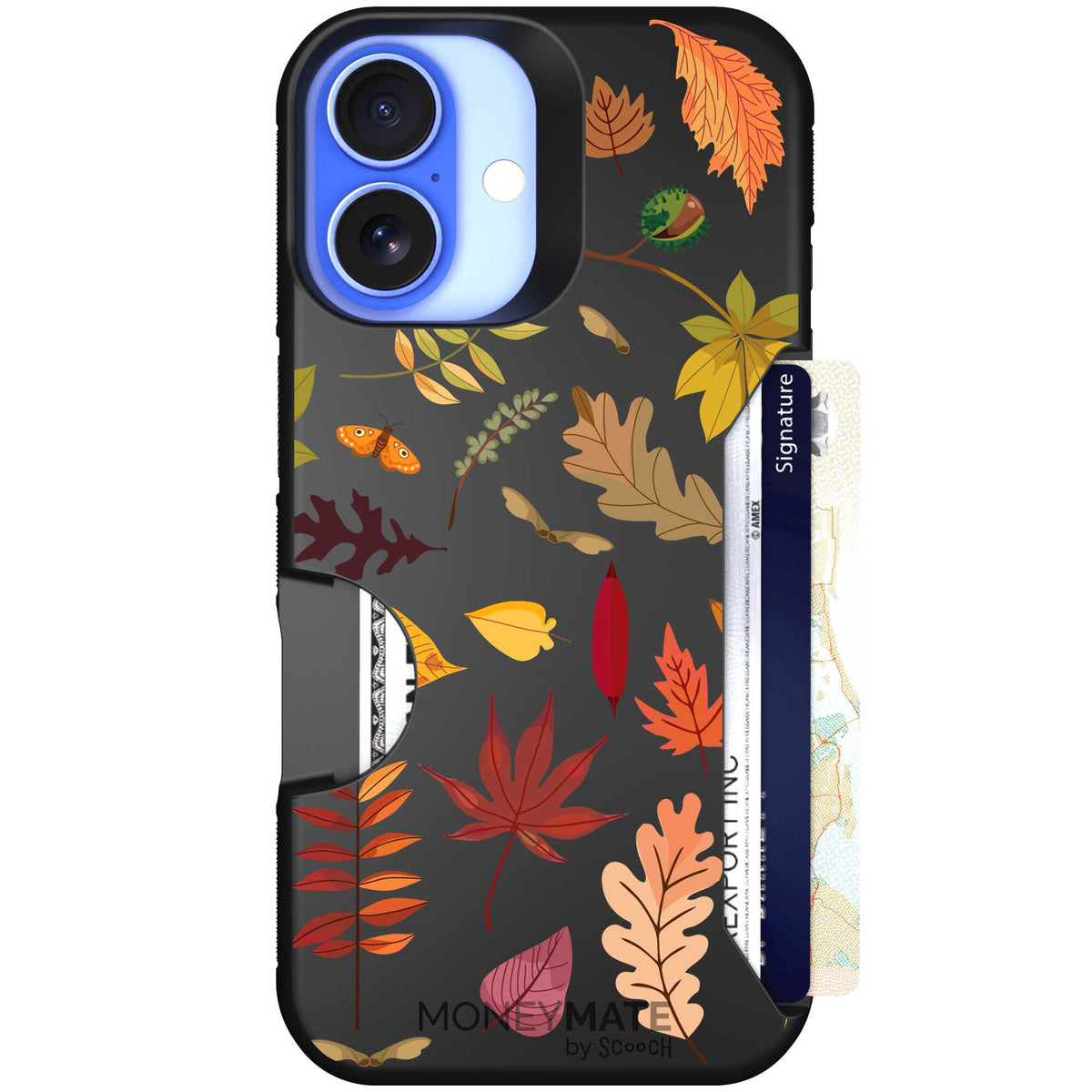 Autumn Leaves multicolored fall foliage pattern on a charcoal scoochzza Moneymate case for iPhone 16