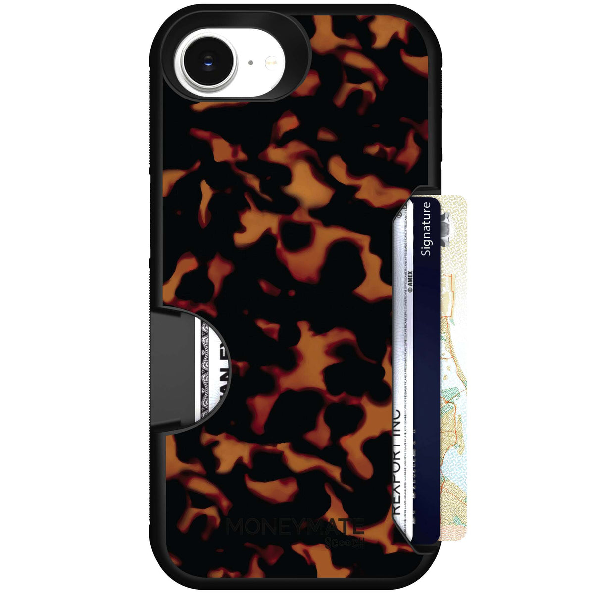 Tortoise Shell amber brown and black mottled pattern on a scoochzza Moneymate case for iPhone 17e