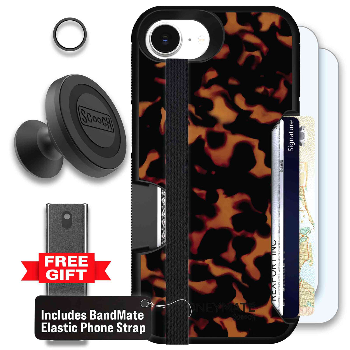 Tortoise Shell amber brown and black mottled pattern on a scoochzza Moneymate case for iPhone 17e - Defender Bundle