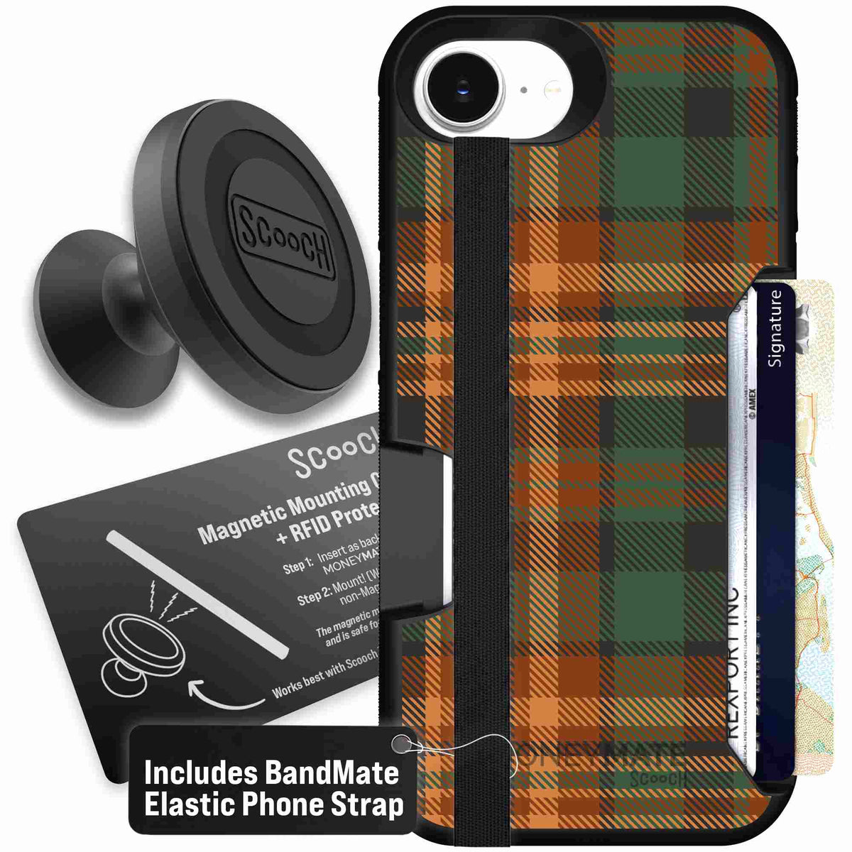 Fall Flannel orange and brown plaid pattern on a scoochzza Moneymate case for iPhone 17e - Starter Bundle