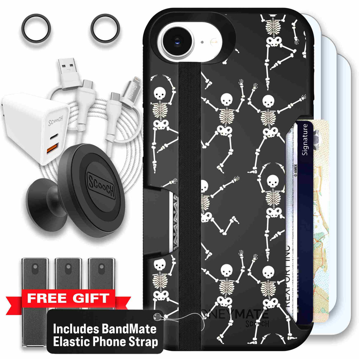 Swinging Skeletons white dancing skeleton pattern on a black scoochzza Moneymate case for iPhone 17e - Ultimate Bundle