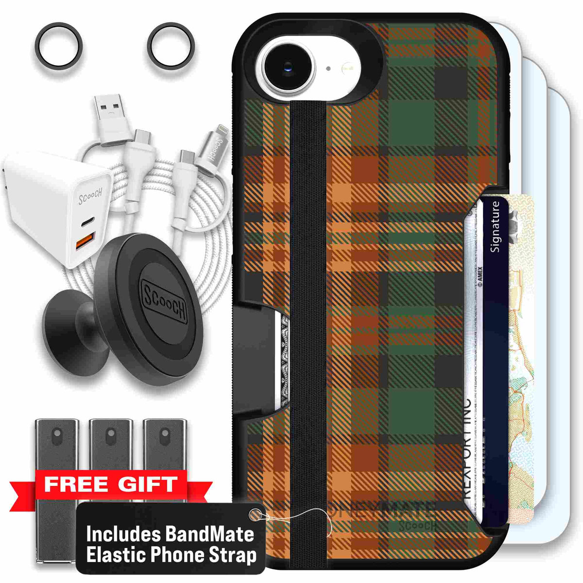 Fall Flannel orange and brown plaid pattern on a scoochzza Moneymate case for iPhone 17e - Ultimate Bundle
