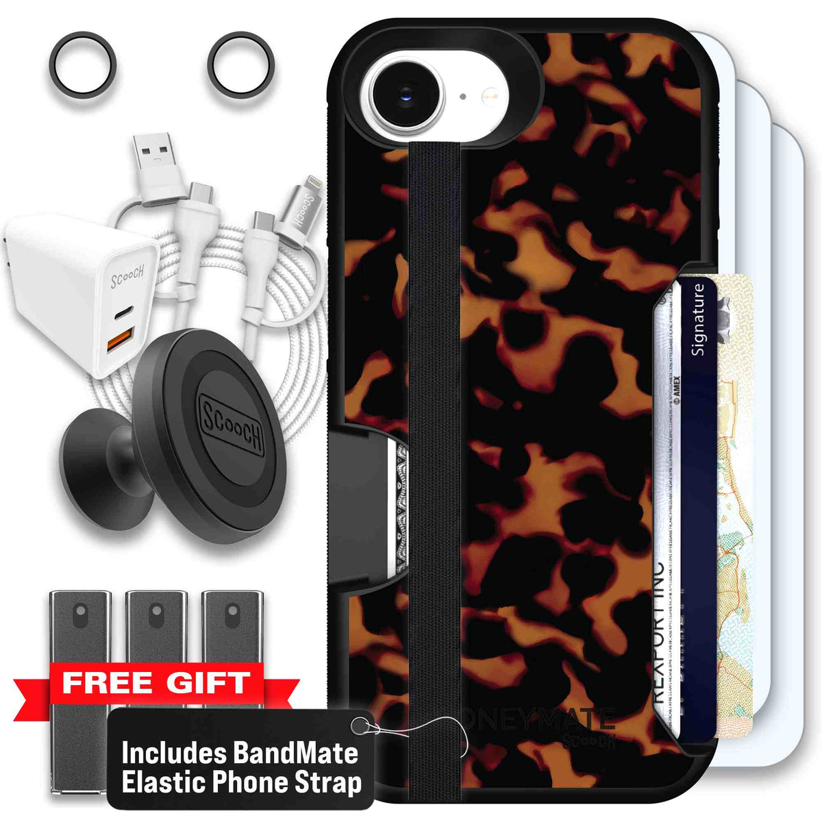 Tortoise Shell amber brown and black mottled pattern on a scoochzza Moneymate case for iPhone 17e - Ultimate Bundle