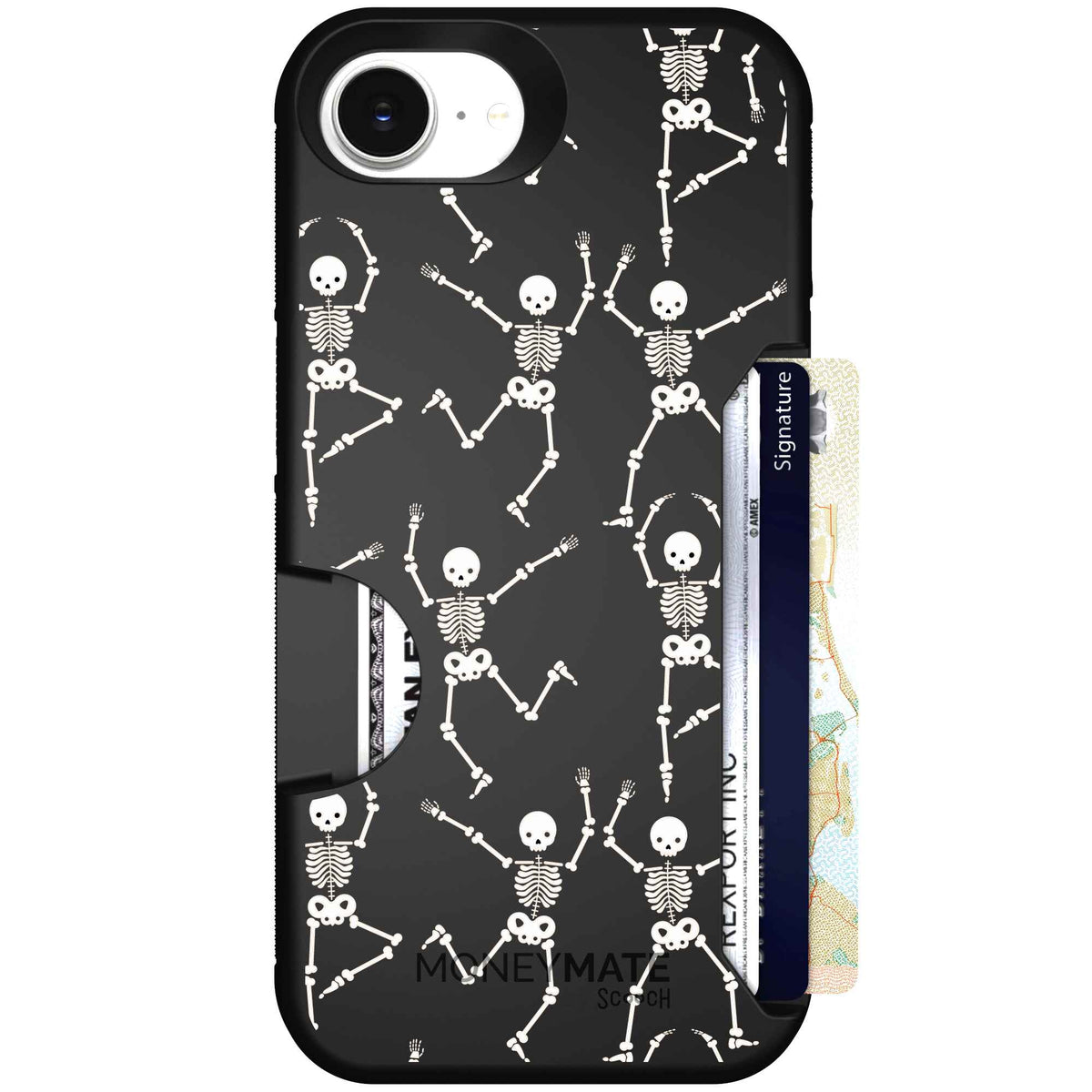 Swinging Skeletons white dancing skeleton pattern on a black scoochzza Moneymate case for iPhone 17e