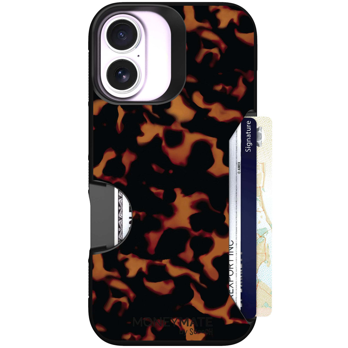 Tortoise Shell amber brown and black mottled pattern on a scoochzza Moneymate case for iPhone 17