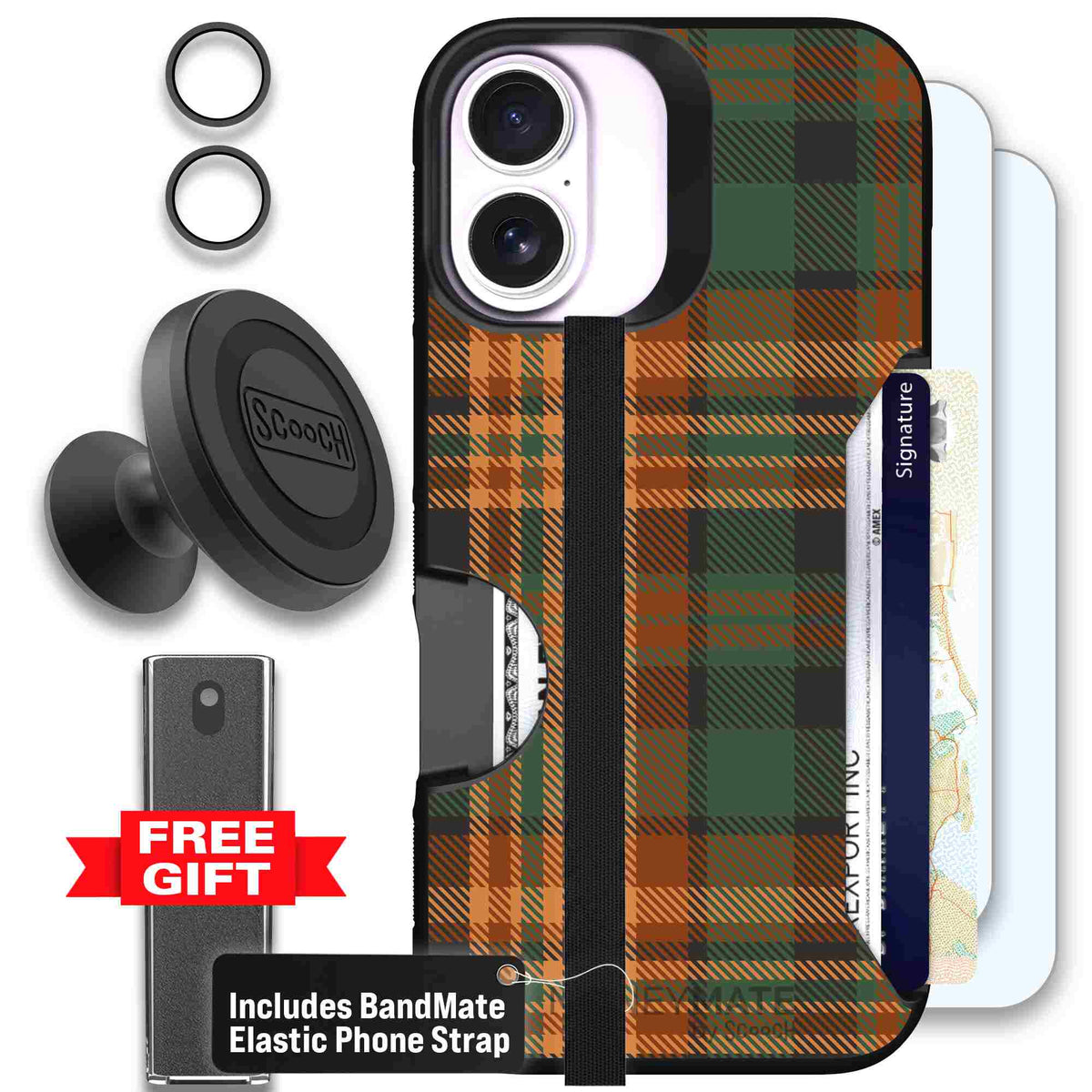 Fall Flannel orange and brown plaid pattern on a scoochzza Moneymate case for iPhone 17 - Defender Bundle