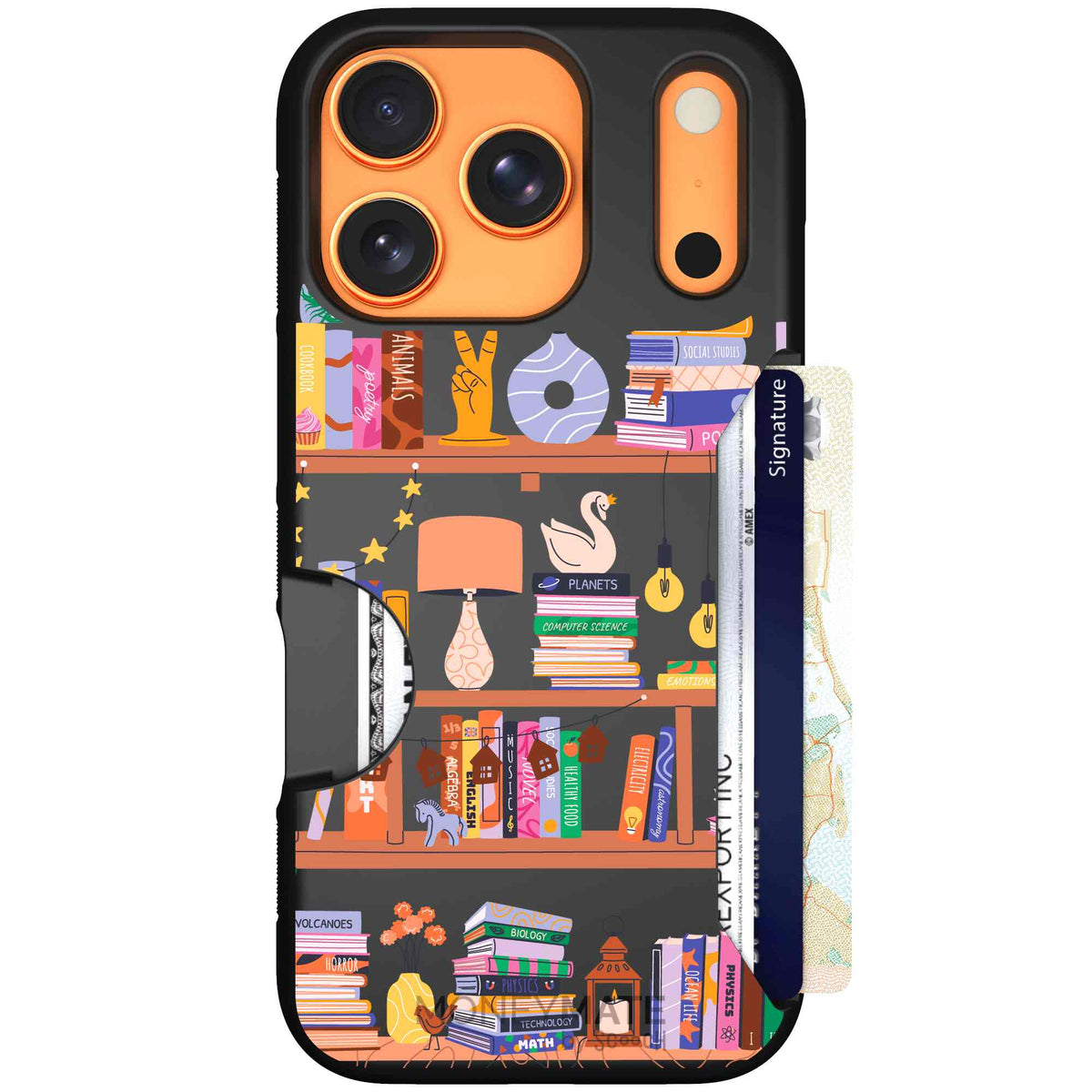 Little Library colorful book and bookshelf pattern on a scoochzza Moneymate case for iPhone 17 Pro