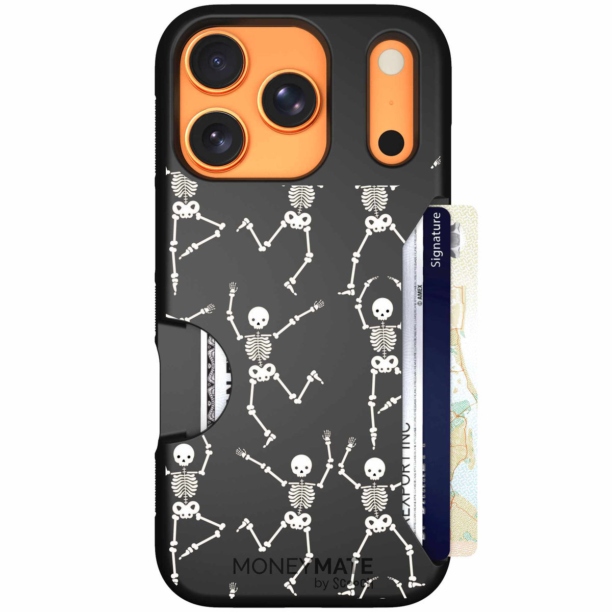 Swinging Skeletons white dancing skeleton pattern on a black scoochzza Moneymate case for iPhone 17 Pro