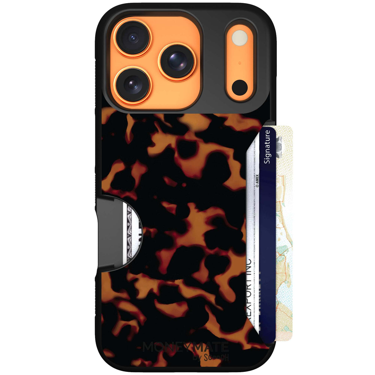 Tortoise Shell amber brown and black mottled pattern on a scoochzza Moneymate case for iPhone 17 Pro