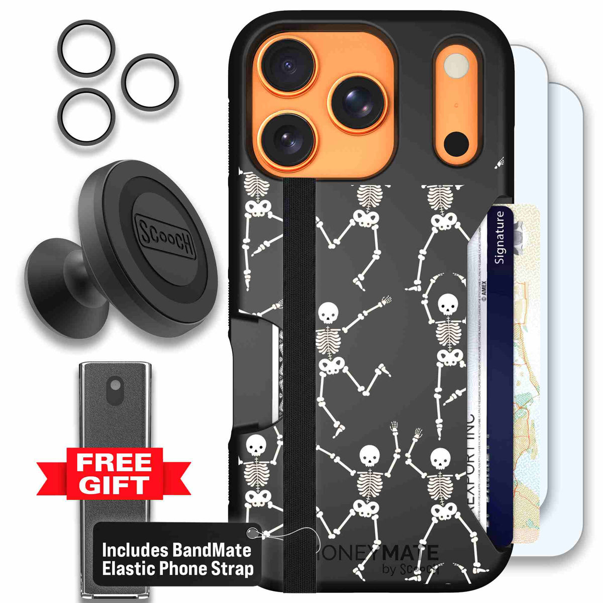 Swinging Skeletons white dancing skeleton pattern on a black scoochzza Moneymate case for iPhone 17 Pro - Defender Bundle