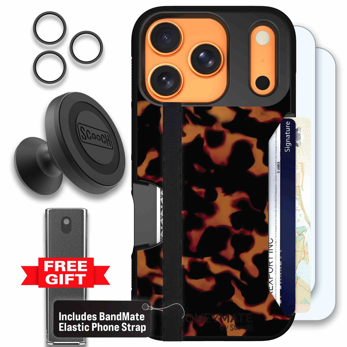 Tortoise Shell amber brown and black mottled pattern on a scoochzza Moneymate case for iPhone 17 Pro - Defender Bundle