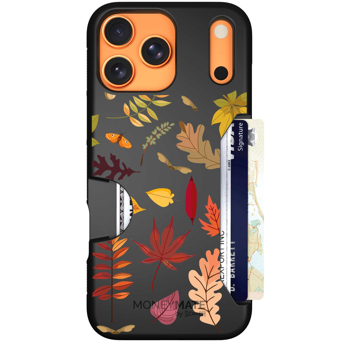 Autumn Leaves multicolored fall foliage pattern on a charcoal scoochzza Moneymate case for iPhone 17 Pro Max