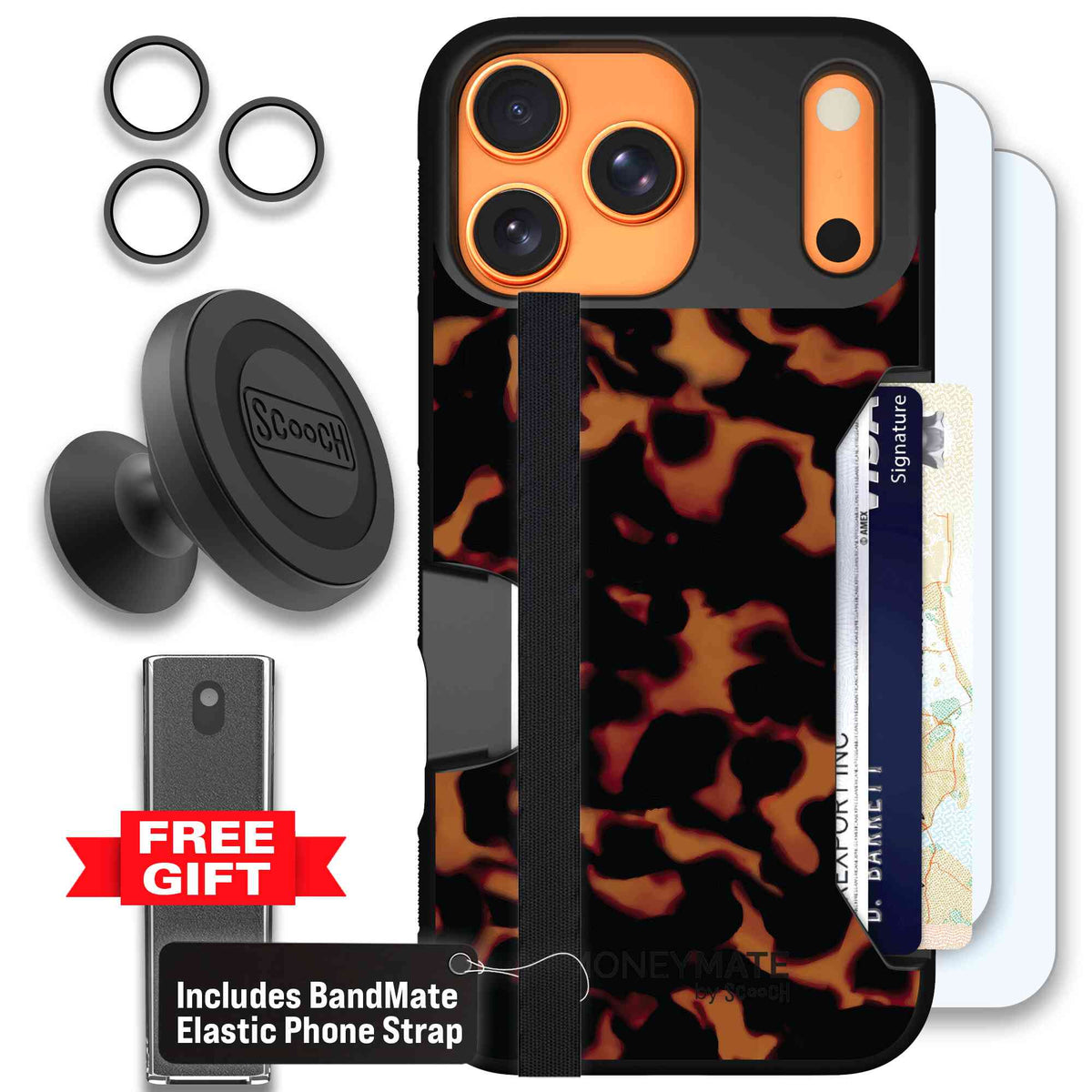 Tortoise Shell amber brown and black mottled pattern on a scoochzza Moneymate case for iPhone 17 Pro Max - Defender Bundle