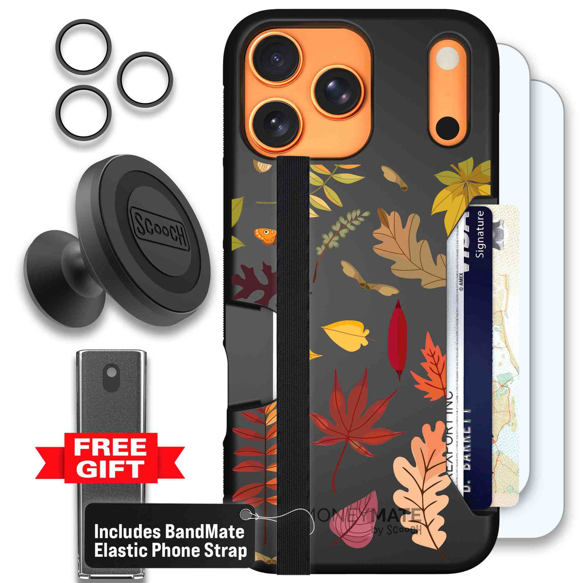 Autumn Leaves multicolored fall foliage pattern on a charcoal scoochzza Moneymate case for iPhone 17 Pro Max - Defender Bundle