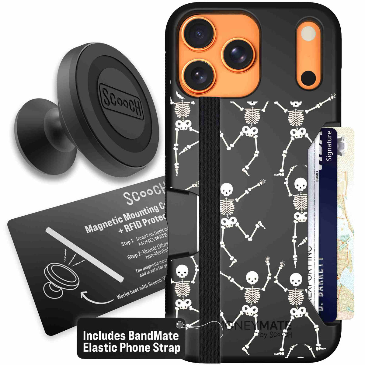 Swinging Skeletons white dancing skeleton pattern on a black scoochzza Moneymate case for iPhone 17 Pro Max - Starter Bundle