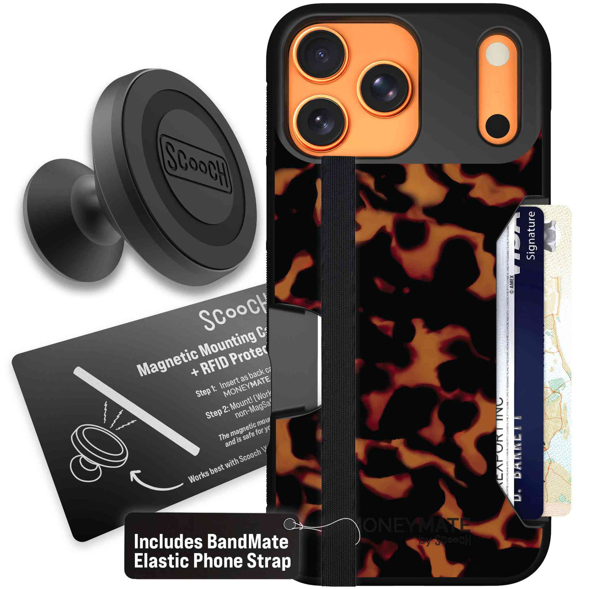 Tortoise Shell amber brown and black mottled pattern on a scoochzza Moneymate case for iPhone 17 Pro Max - Starter Bundle