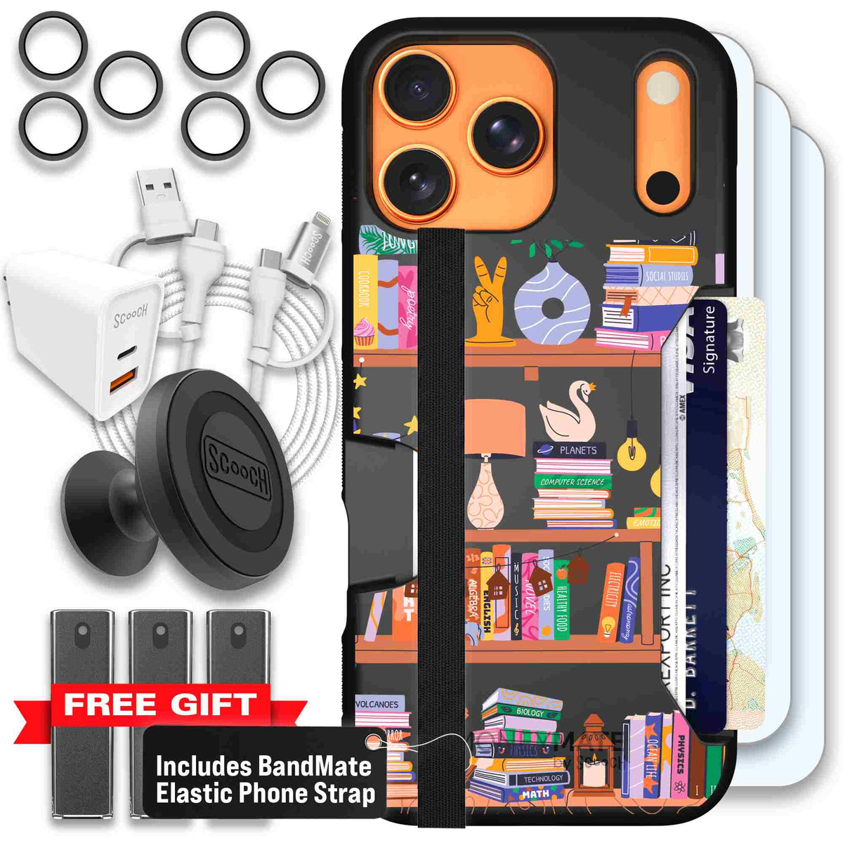 Little Library colorful book and bookshelf pattern on a scoochzza Moneymate case for iPhone 17 Pro Max - Ultimate Bundle