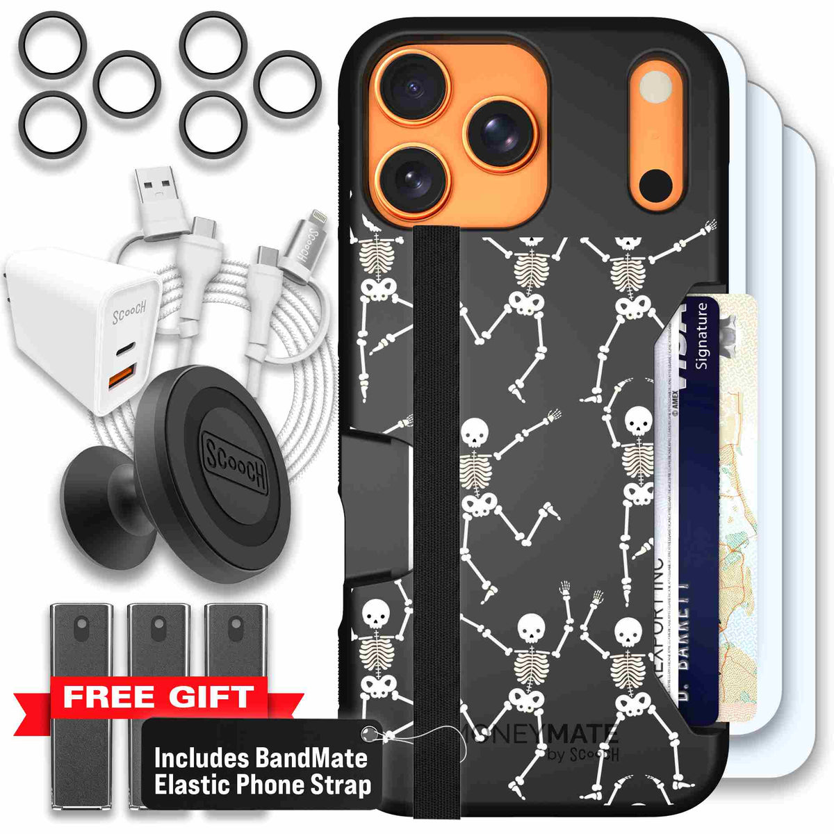 Swinging Skeletons white dancing skeleton pattern on a black scoochzza Moneymate case for iPhone 17 Pro Max - Ultimate Bundle