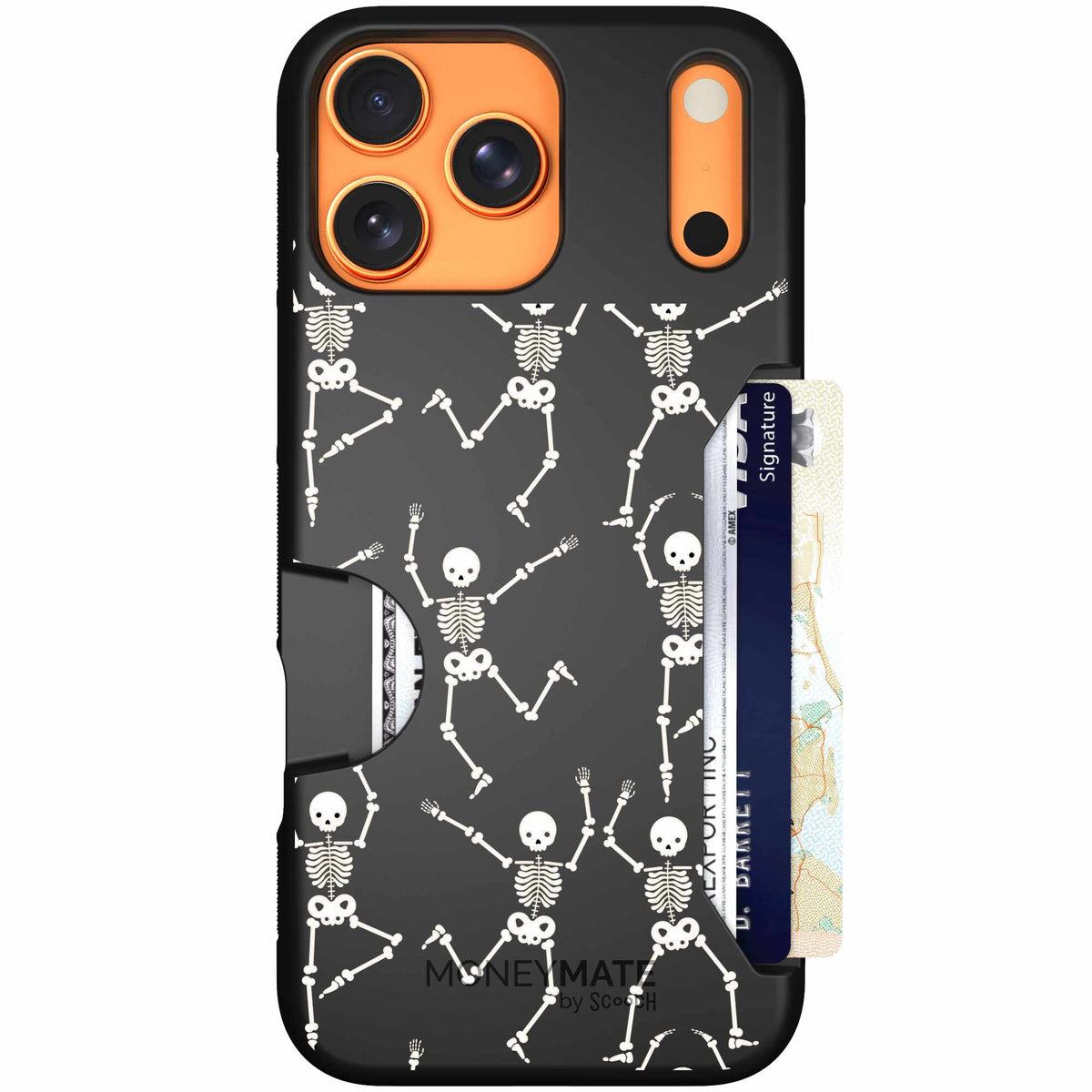 Swinging Skeletons white dancing skeleton pattern on a black scoochzza Moneymate case for iPhone 17 Pro Max