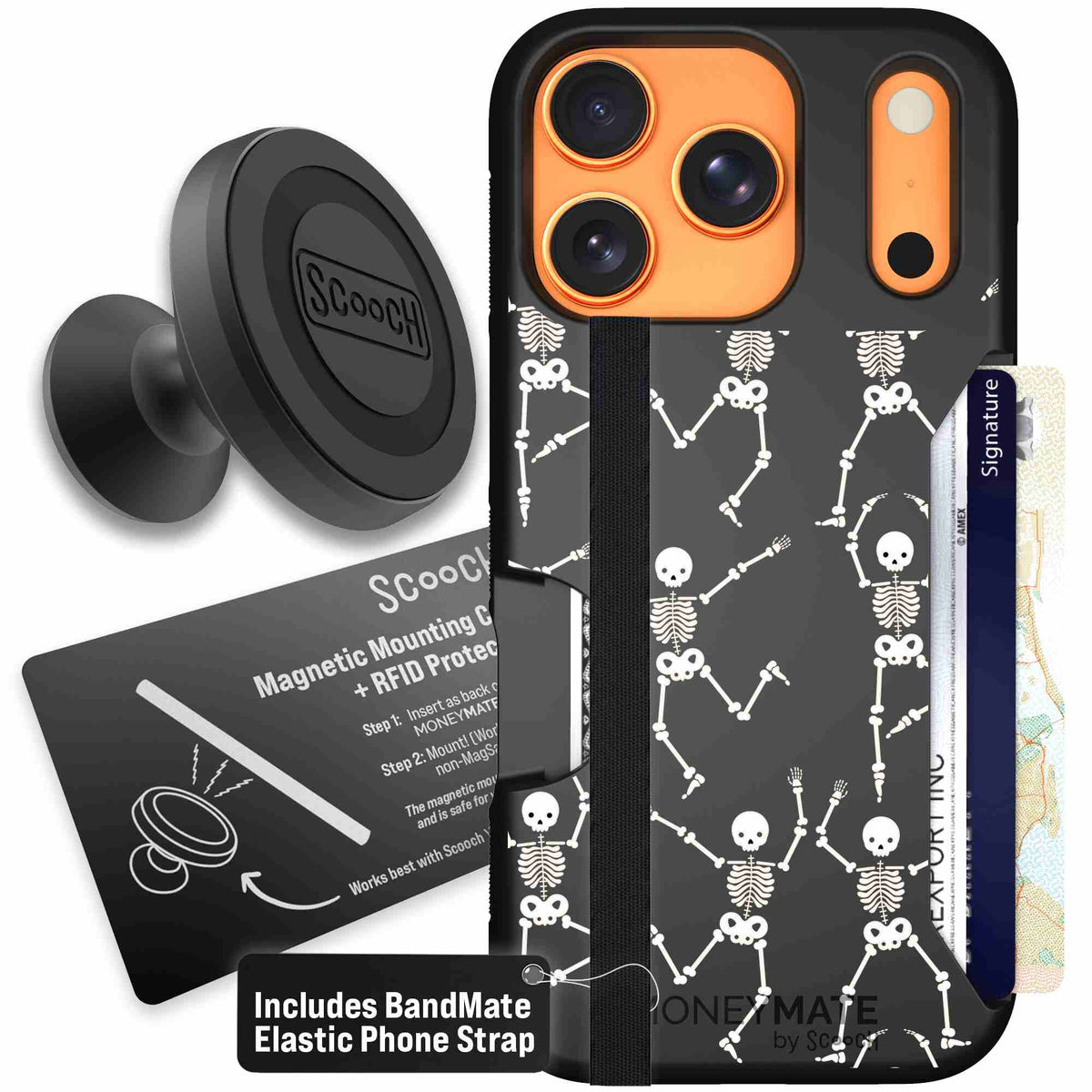 Swinging Skeletons white dancing skeleton pattern on a black scoochzza Moneymate case for iPhone 17 Pro - Starter Bundle