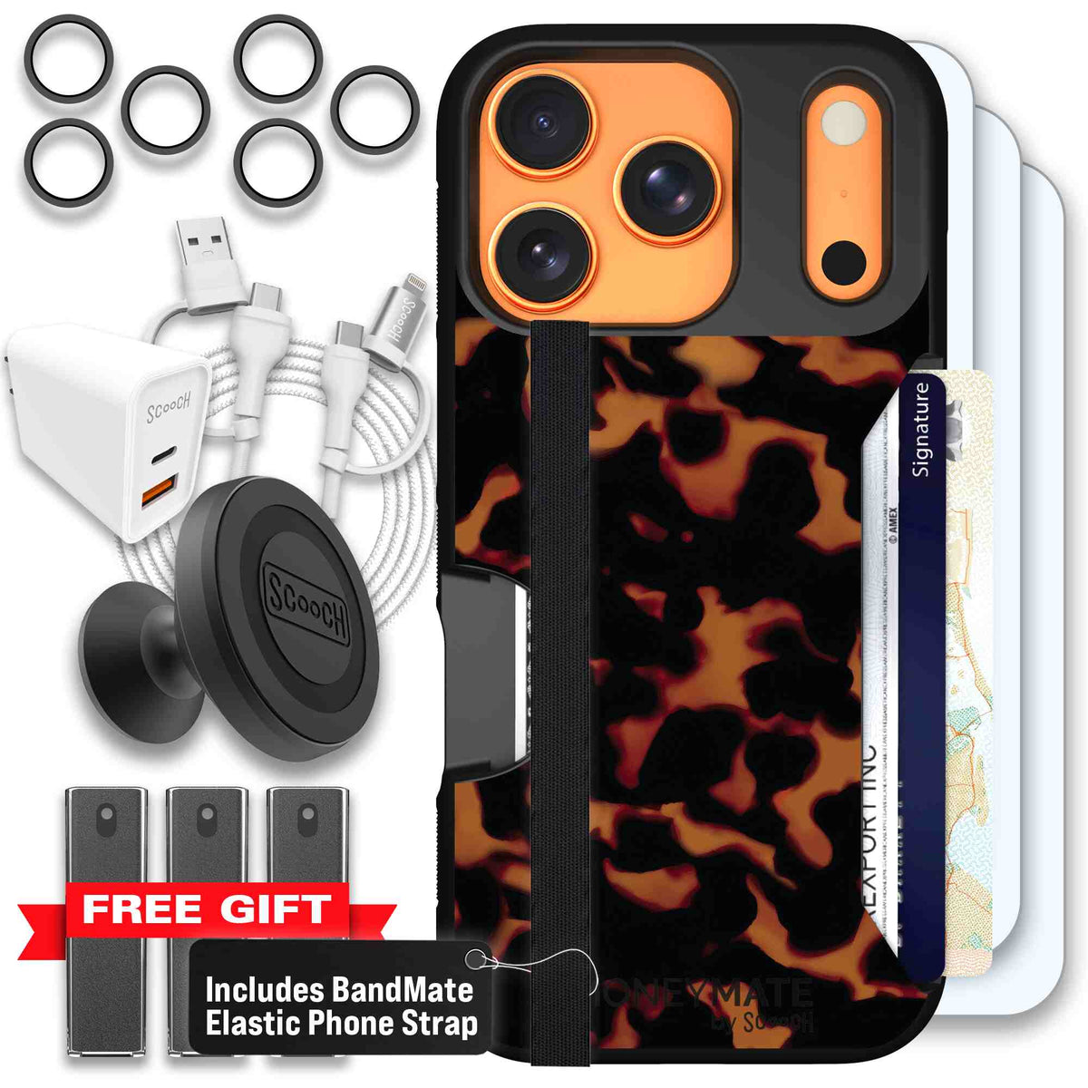 Tortoise Shell amber brown and black mottled pattern on a scoochzza Moneymate case for iPhone 17 Pro - Ultimate Bundle