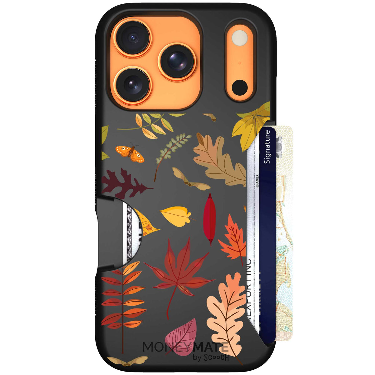 Autumn Leaves multicolored fall foliage pattern on a charcoal scoochzza Moneymate case for iPhone 17 Pro