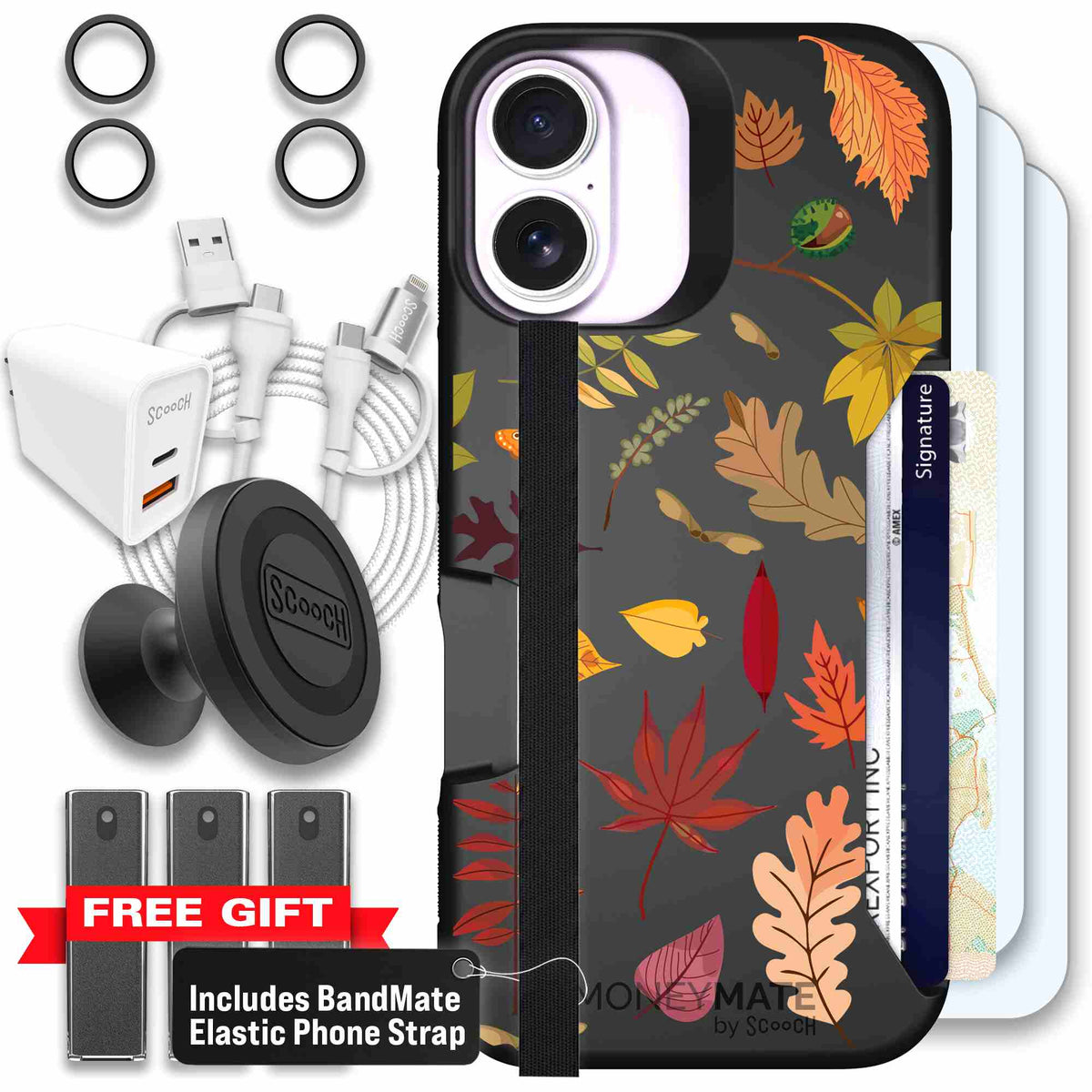 Autumn Leaves multicolored fall foliage pattern on a charcoal scoochzza Moneymate case for iPhone 17 - Ultimate Bundle