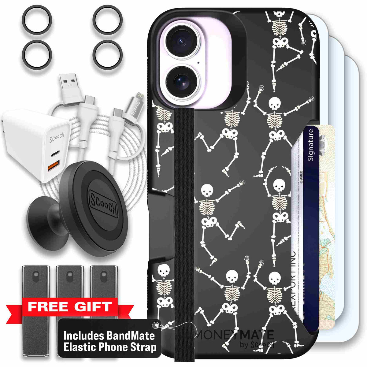 Swinging Skeletons white dancing skeleton pattern on a black scoochzza Moneymate case for iPhone 17 - Ultimate Bundle