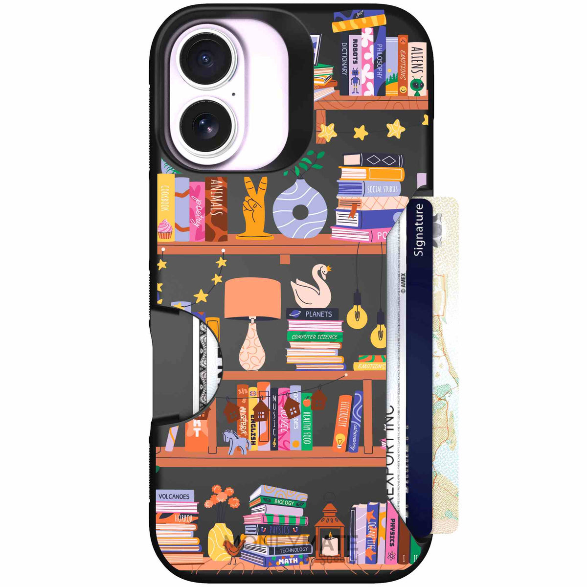 Little Library colorful book and bookshelf pattern on a scoochzza Moneymate case for iPhone 17