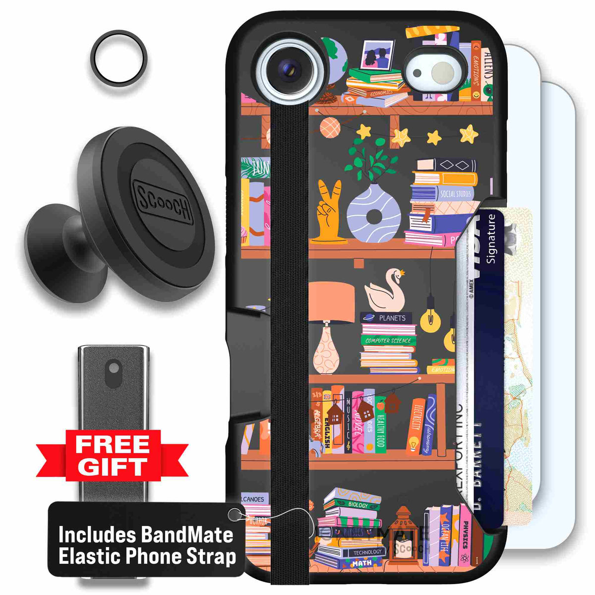 Little Library colorful book and bookshelf pattern on a scoochzza Moneymate case for iPhone Air - Defender Bundle