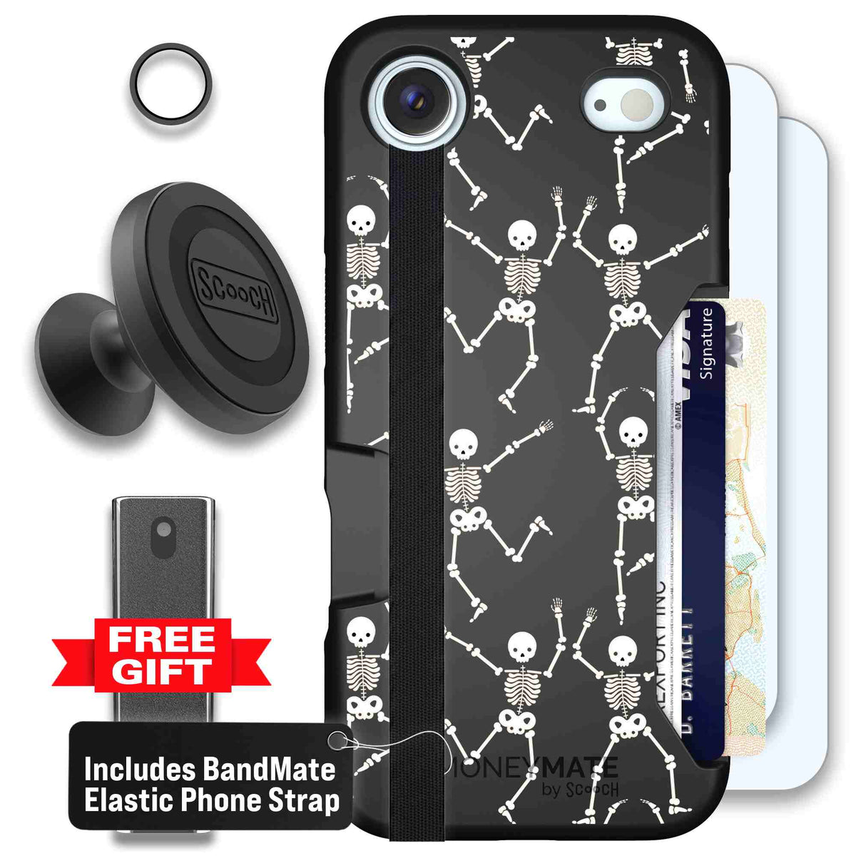 Swinging Skeletons white dancing skeleton pattern on a black scoochzza Moneymate case for iPhone Air - Defender Bundle
