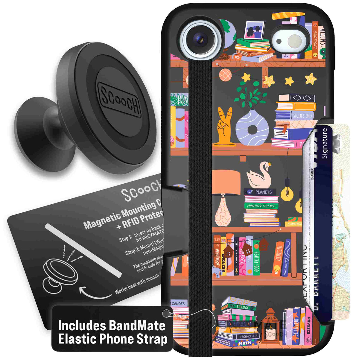 Little Library colorful book and bookshelf pattern on a scoochzza Moneymate case for iPhone Air - Starter Bundle