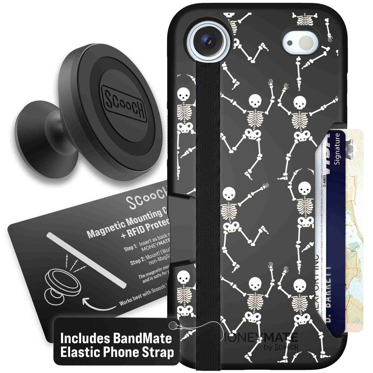 Swinging Skeletons white dancing skeleton pattern on a black scoochzza Moneymate case for iPhone Air - Starter Bundle