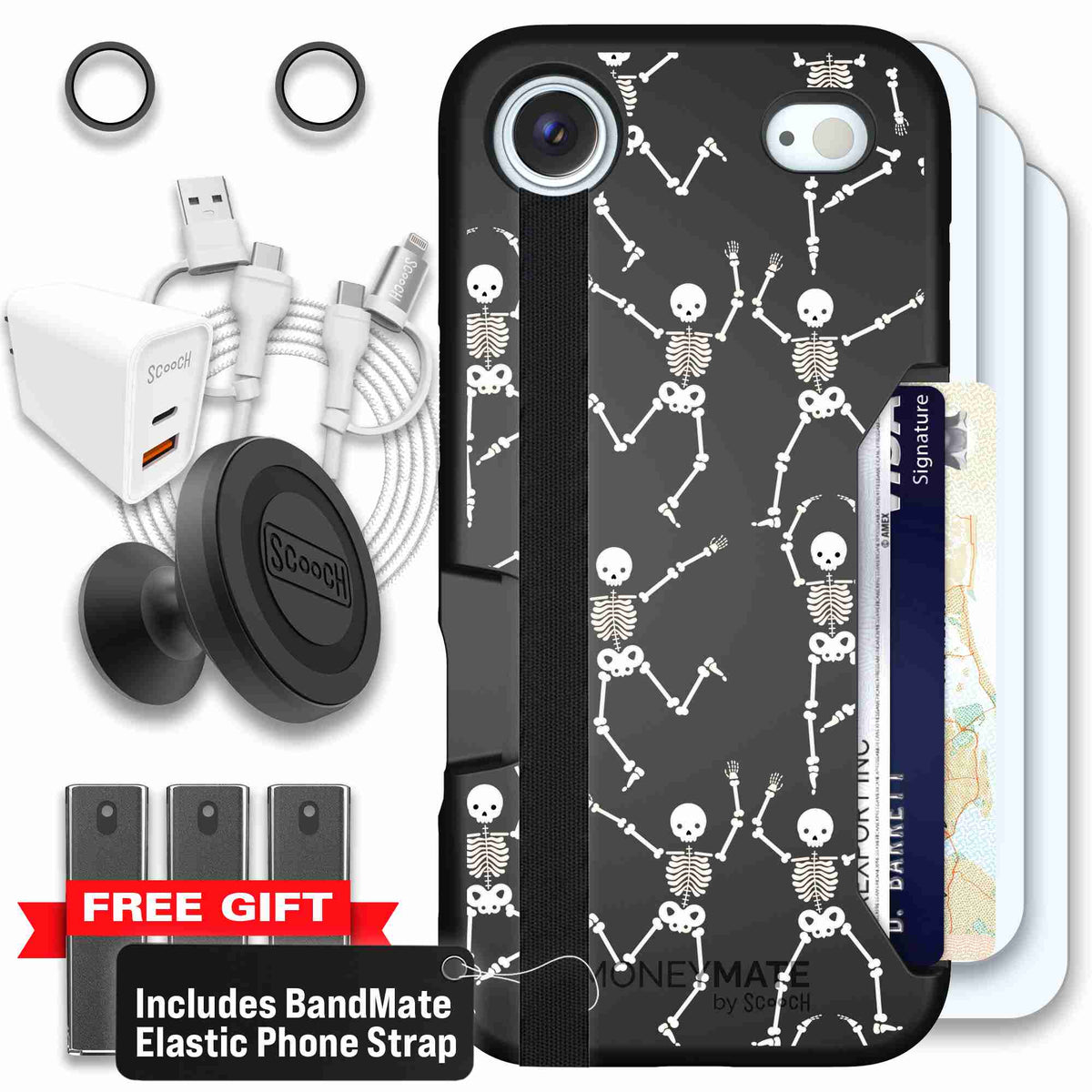 Swinging Skeletons white dancing skeleton pattern on a black scoochzza Moneymate case for iPhone Air - Ultimate Bundle