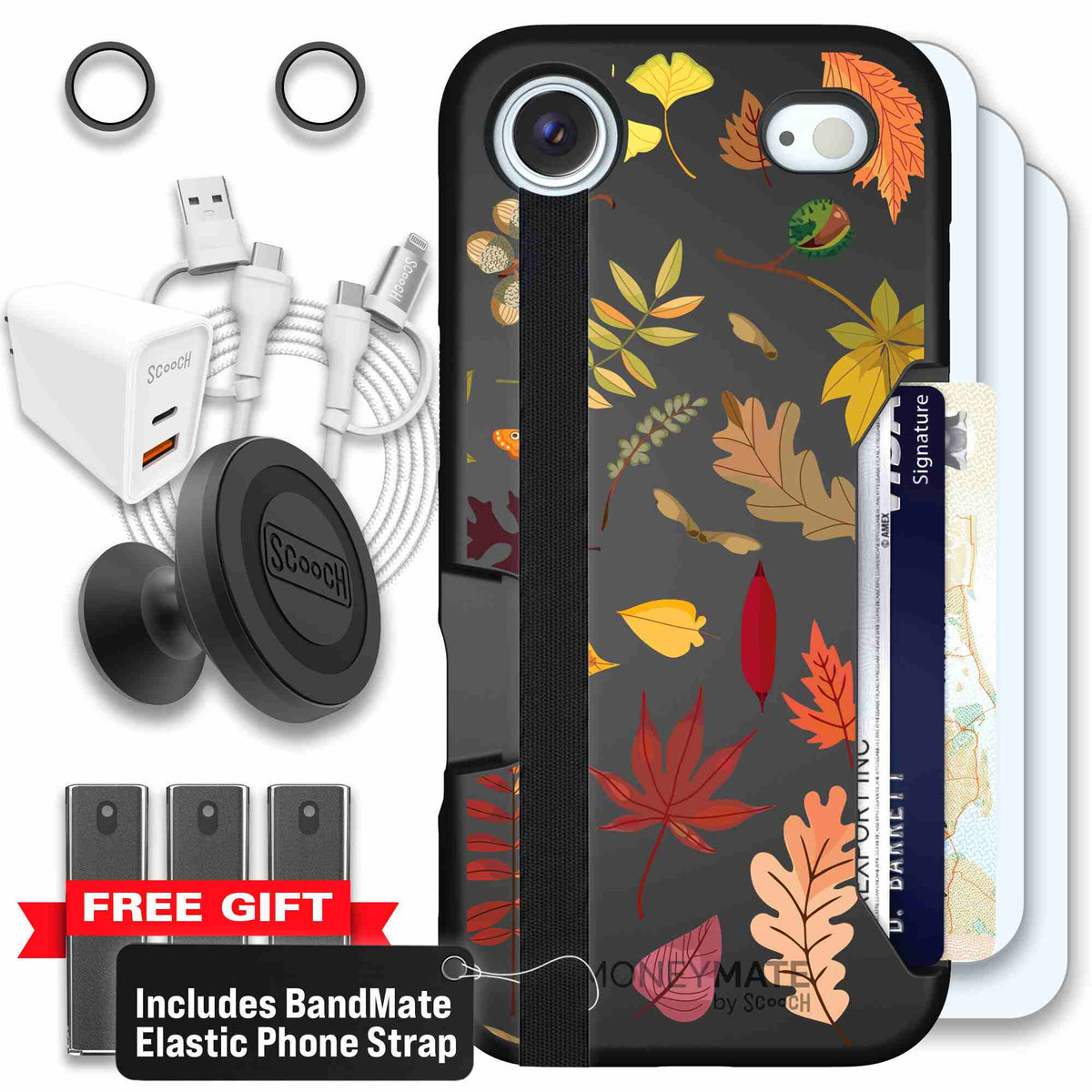 Autumn Leaves multicolored fall foliage pattern on a charcoal scoochzza Moneymate case for iPhone Air - Ultimate Bundle