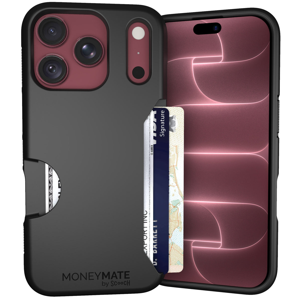 Moneymate Black for iPhone 18 Pro with burgundy iPhone — main image